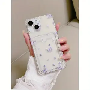 1 Piece Purple Small Flower Personalized Card Insert Four-Corner Shockproof Transparent TPU Phone Case Suitable for iPhone 17 Air/16 Plus/15 Pro Max/14 Pro/13/12/11/XS Max/X Phone Case, Ideal Gift for Family,Friends, Lovers, Girlfriends on Holidays KBFS05