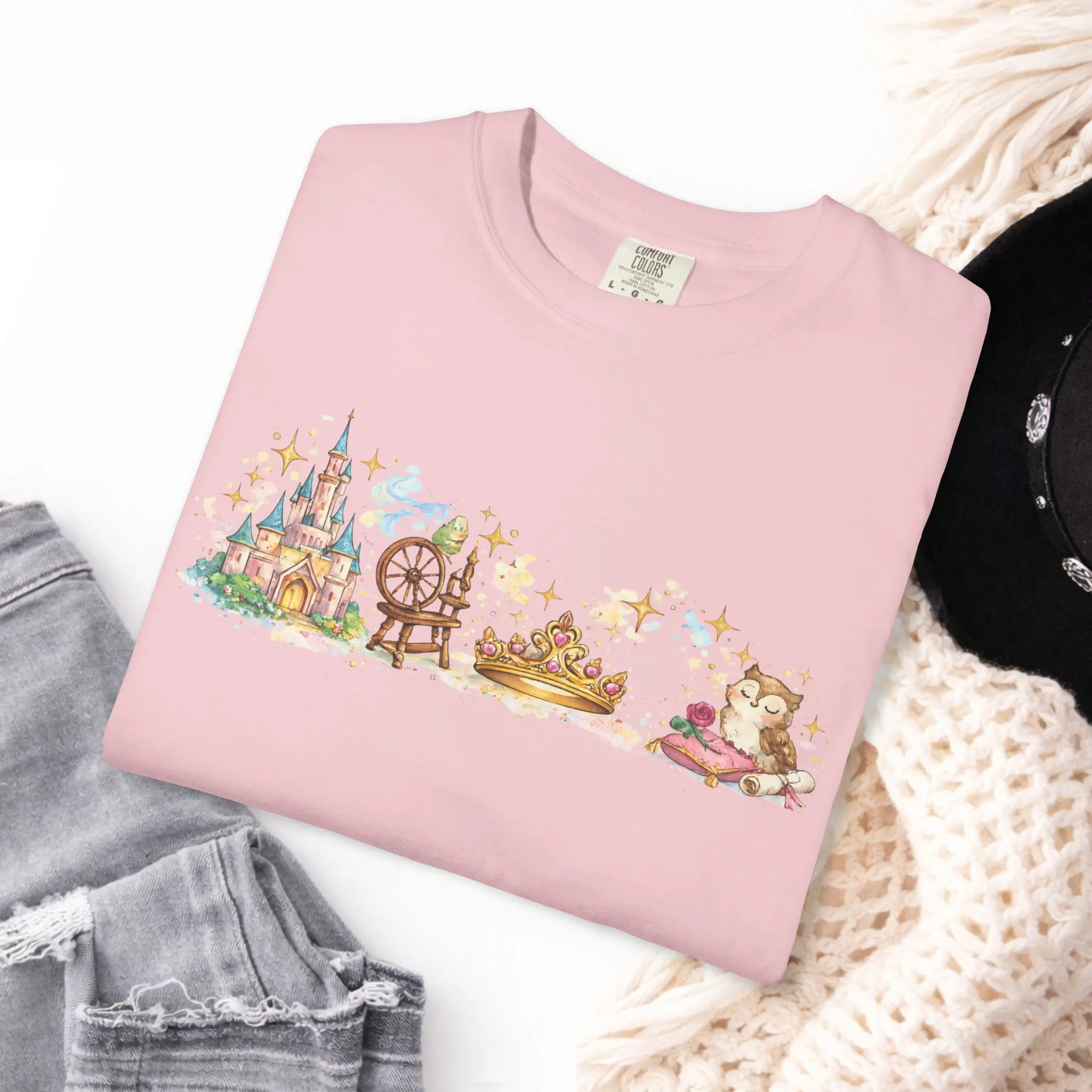 Comfort Colors Fairytale Castle Spindle Spinning Wheel Crown T-Shirt | Magical Sleeping Princess Scene