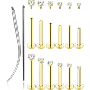 6Pairs 18K  Plated Internally Threaded Nose  Studs Stainless Steel Lip Studs CZ Flat  Stud Earrings Nostril Labret Conch Cartilage Earrings Helix Tragus 6/7/7/8/10/12mm 16G 18G