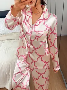 Women's Bow Neck Button Long Sleeve Top and Casual Elastic Pants Set, Loose-Fitting Pajama Set for All Seasons, Loungewear, Nightwear