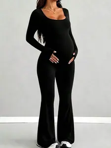 Maternity Jumpsuit - Long Sleeve, Black - Tight & Comfortable Casual Outfit for Sports, Dates & Daily Wear