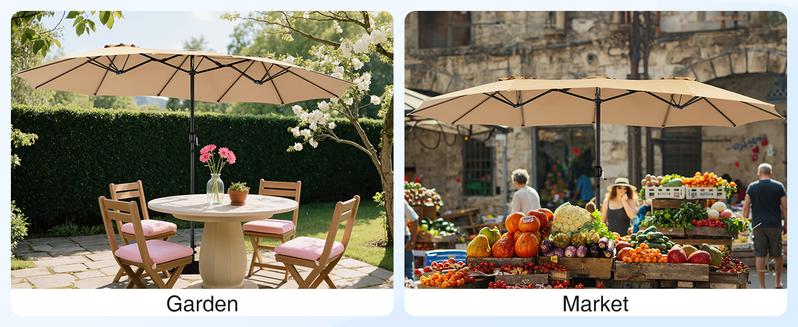 15ft Large Patio Umbrella with Base Included, Rectangle Table Umbrella Outdoor Patio, Outside Umbrellas for Deck, Market, Backyard, Khaki