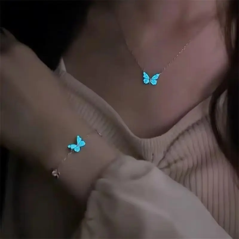 Blue Luminous Butterfly Necklace and Bracelet Set