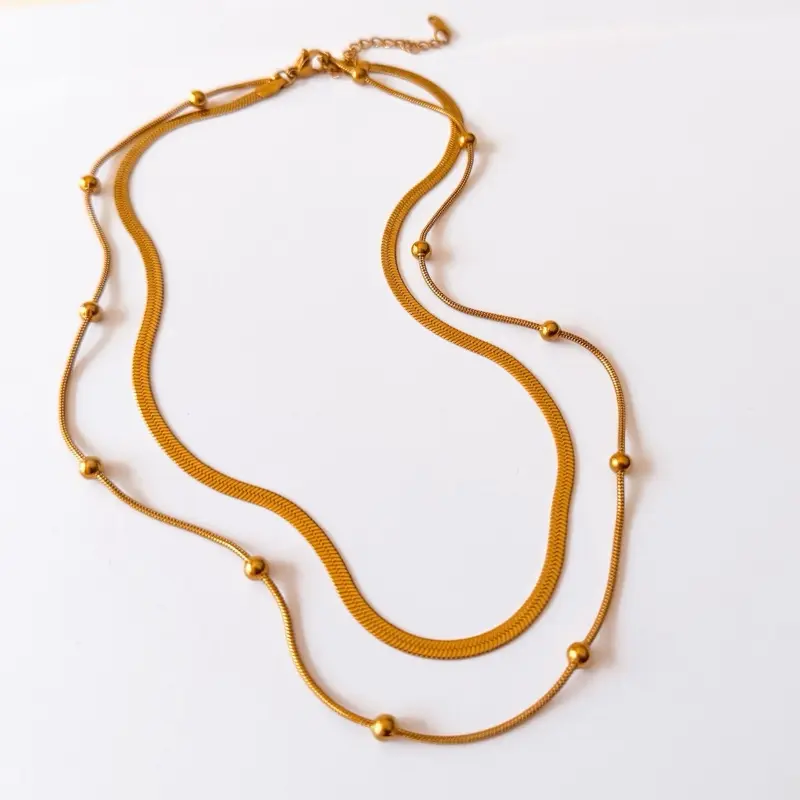 Double Chain Necklace with Gold Beads and Textured Links for Elegant Everyday Wear