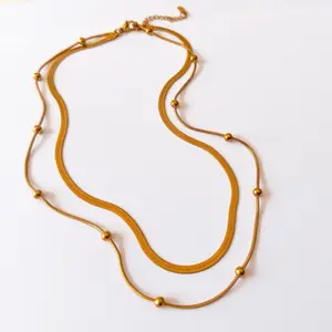 Double Chain Necklace with Gold Beads and Textured Links for Elegant Everyday Wear