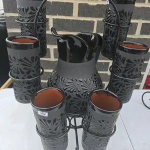 Black on Black Talaver Clay Pitcher w/ 6 cups w/ stand