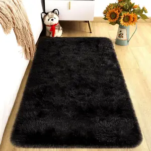 Soft Area Rug Fluffy Rugs for Living Room Bedroom Decor, 2x4 Runner Rug for Hallway, Shag Furry Bedside Rug Indoor Accent Floor Carpet, Black
