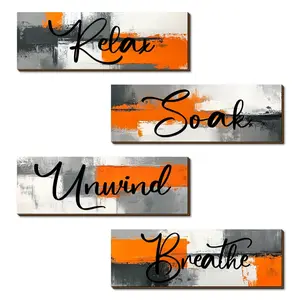 4-Piece Bathroom Wall Decor Set, Relax Wooden Hanging Ornaments, Rustic Rectangle Design Home Decoration, Vintage Wooden Letter Sign Wall Art Plaque for Living Room Bedroom Bathrooms