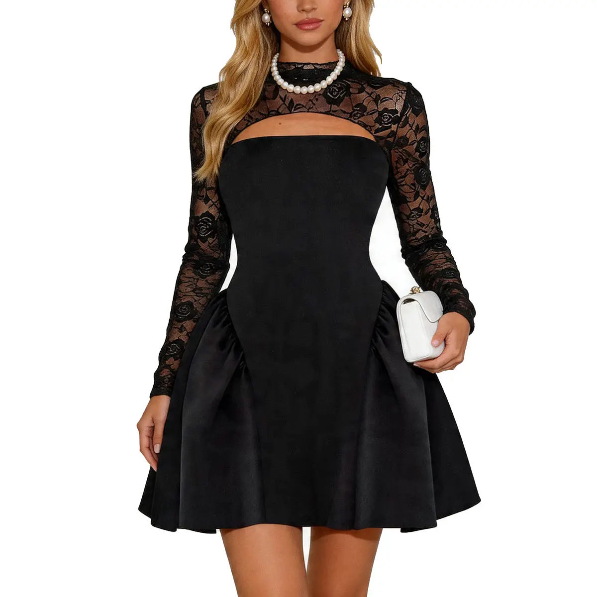 HYZ Women's Elegant Lace Long Sleeve Cut Out Mock Neck Flare A-Line Swing Cocktail Party Mini Dress