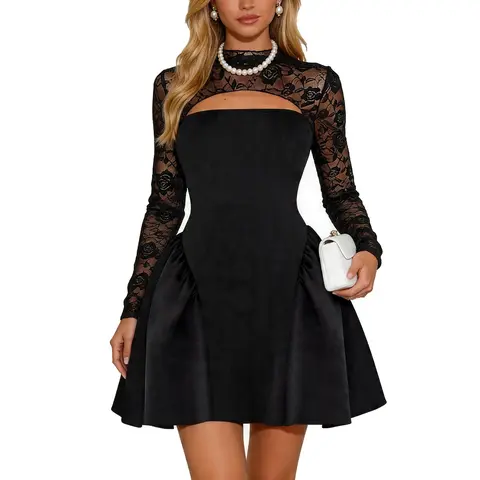 HYZ Women's Elegant Lace Long Sleeve Cut Out Mock Neck Flare A-Line Swing Cocktail Party Mini Dress