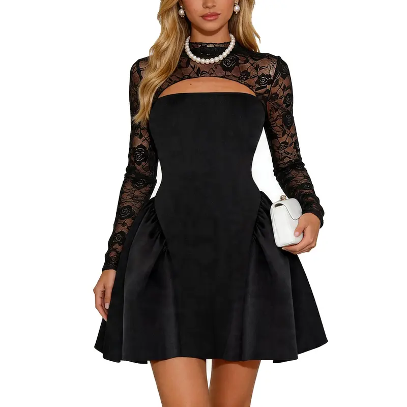 HYZ Women's Elegant Lace Long Sleeve Cut Out Mock Neck Flare A-Line Swing Cocktail Party Mini Dress