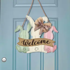 Easter Wooden Hanging Sign Easter Bunny Door Hanger Easter Welcome Door Sign Easter Door Decorations Wreath Easter Hanging Plaque Bunny Rabbit Sign with Bow for Easter Shop Home Garden Spring Decor