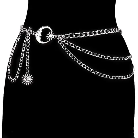 Women's Moon Design Layered Belts, Rhinestone Decorated Adjustable Belt for Jeans & Dress, Casual Waistband for Daily Clothing Decor, Trendy All-match Belt for Birthday Gift, New Punk Boho Style Statement Belts, Rhinestones Belt