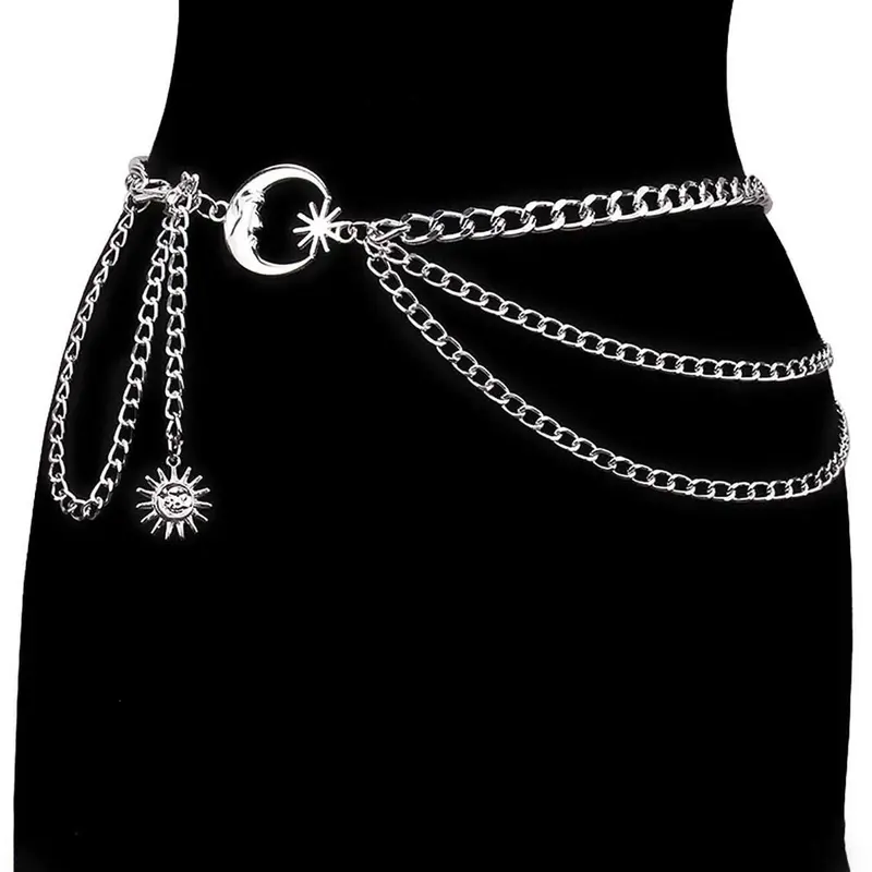 Women's Moon Design Layered Belts, Rhinestone Decorated Adjustable Belt for Jeans & Dress, Casual Waistband for Daily Clothing Decor, Trendy All-match Belt for Birthday Gift, New Punk Boho Style Statement Belts, Rhinestones Belt