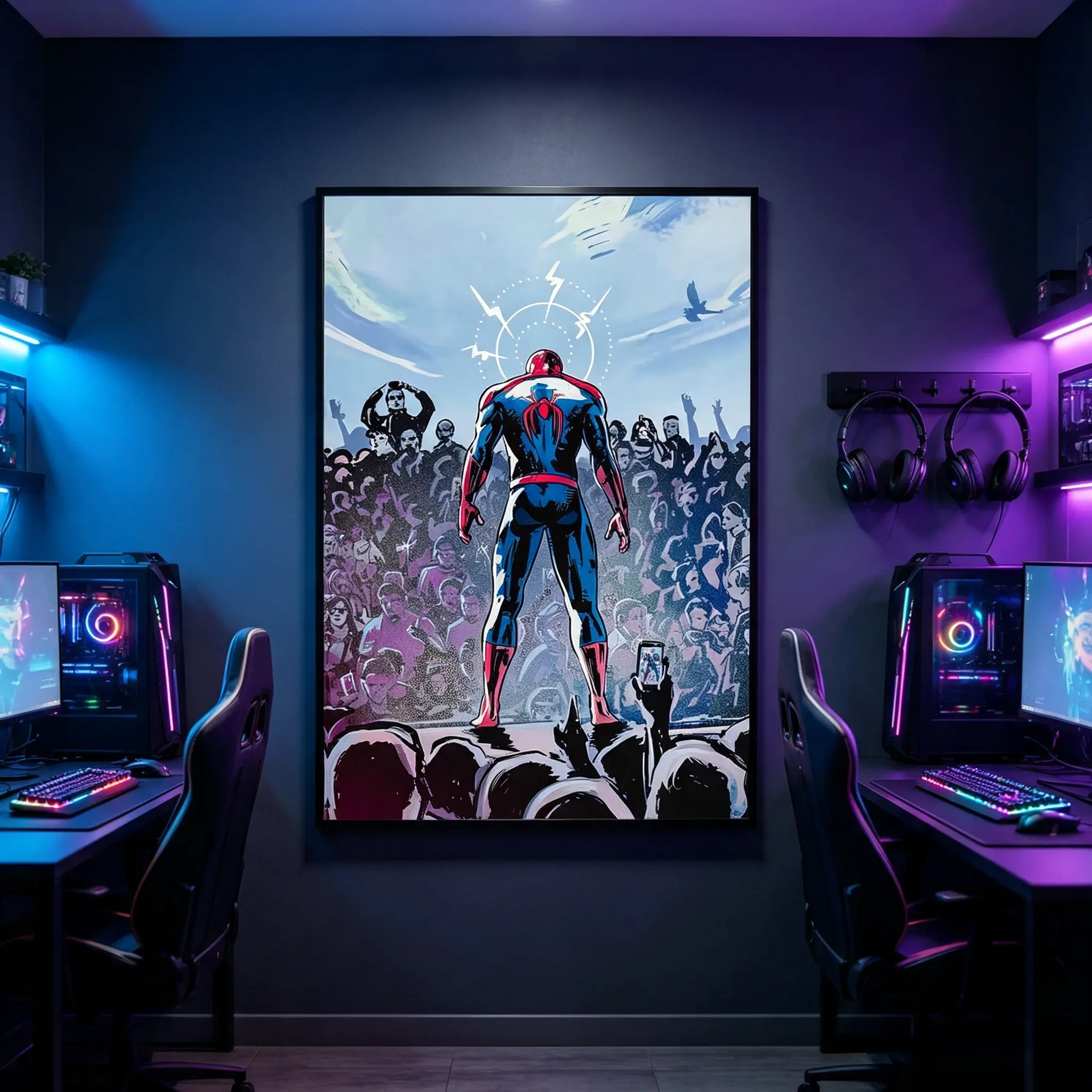Retro Comic Superhero Facing Cheering Crowd Framed Canvas Wall Art, Vintage Comic Style Hero Poster, Trendy Wall Decor For Game Room Man Cave Comic Collector Bedroom