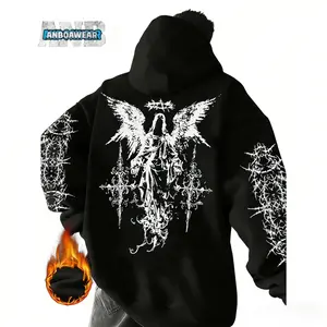 Men's Spring/Winter Hoodie, Fashionable Street Style Art Punk Goth Punk Street Wear Angel & Thorn Barbed Wire Graphic Print Fleece Pullover Sweatshirt, Long Sleeve Top, The Perfect Gift for a Friend