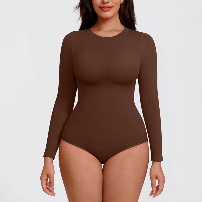 Seamless long-sleeve bodysuit Womenswear Nylon Spandex Smooth Light Soft Tops Basic Casual