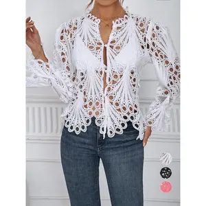 Women’s solid-color bright-colored button-up shirt with eyelet details; solid-color long-sleeve top with an asymmetrical hem; suitable for spring, summer, autumn, and winter; fashionable women’s apparel GARMENTARY