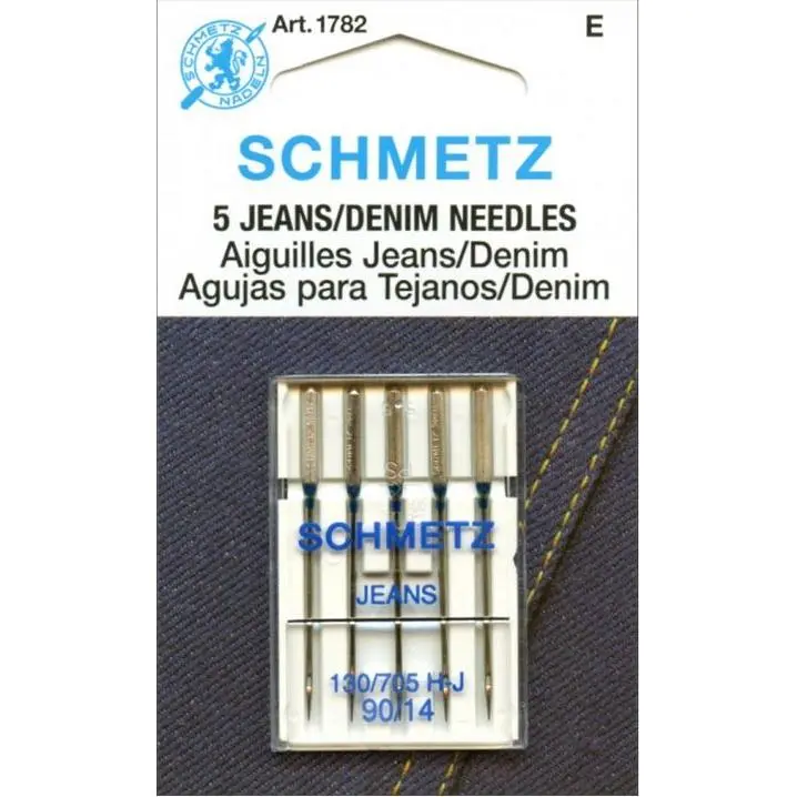 Schmetz Metal Denim-Jeans Needle 90/14 Flat Shank 5pk - 1782, Fits Most Household Sewing Machines, For Workwear, Heavy Fabrics, Layered Projects, Prevents Skipped Stitches, Protects Fabric Penetration
