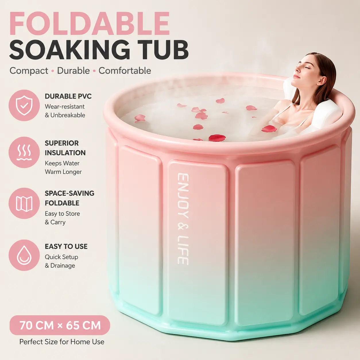 Portable Foldable Insulated Ice Bath for Athletes’ Muscle Recovery, Leak-Proof PVC Home Spa Soaking Tub, Quick Setup No-Install Hot-Cold Water Therapy, Space-Saving Adult Bath Solution