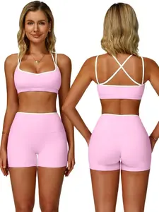 Spring Summer New Women's Colorblock Yoga Sport Set, Skin-Friendly Halter Neck Thin Straps, Removable Padding, High Waist Shorts