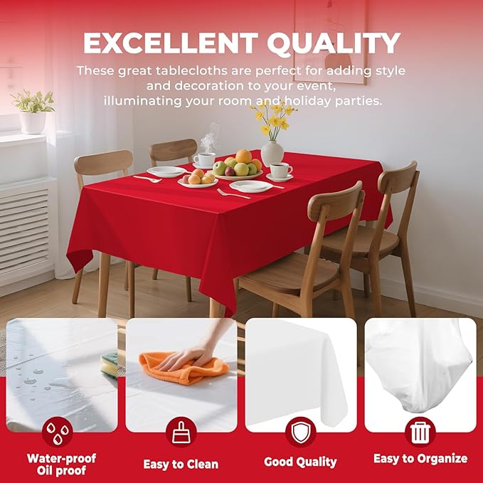 Plastic Table Cloth Disposable 8 Pack, 54 x 108 Inch Table Cloths, Valentines Day, Thanksgiving, Christmas Decorations, Fall Tablecloths, Rectangle, Plastic Cover, Leakproof & Sturdy, Red