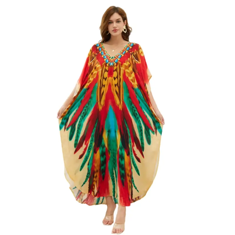 Women's Soft V-Neck Kaftan Dress, Ethnic Feather Print Maxi Loungewear, Elegant Oversized Viscose Beach Cover-Up for Vacation, Style, Evening, Resort Wear, Viscose Fabric, Modest Fashion, Curvy Confidence, S To 2Xl, Batwing, Caftan, Breathable