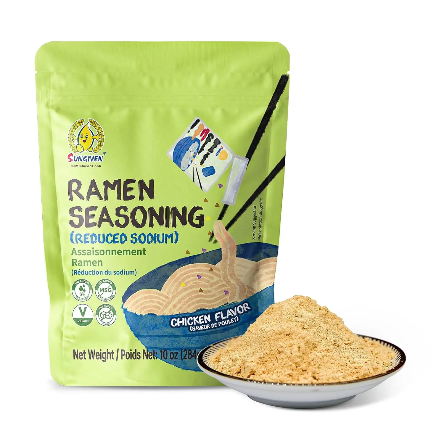 SUNGIVEN Chicken Instant Ramen Seasoning Powder, Vegan, Less Salt- Premium Instant Noodle Soup Powder, Mothers Day Gift, Ramen Toppings - 10 oz