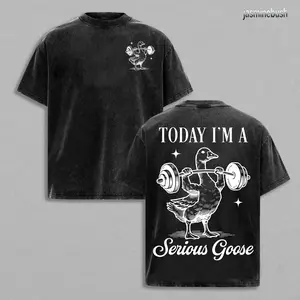 Men'S Today I Am Serious Goose Pattern T-Shirt | Heavyweight 230gsm 100% Loose Retro Washed T-Shirt with Double-Sided Print, Drop Shoulder Design, Ribbed Collar, Perfect for Casual Streetwear and New Year'S Gif