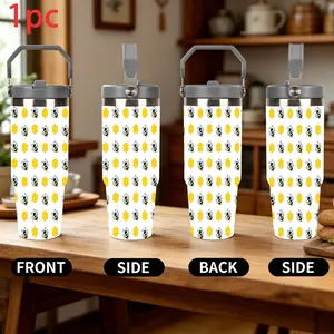 1pc 30oz Stainless Steel Insulated Tumbler with Handle & Flip Straw Lid, Bee & Honeycomb Print, Double-Wall Thermal Travel Mug, Keeps Beverages Hot & Cold for Hours, Reusable, Ideal for Nature Enthusiasts, Daily Commute and Outdoor Adventures