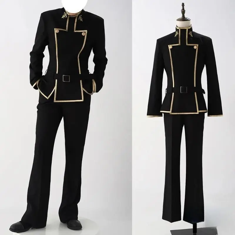 Anime Lelouch Vi Britannia Cosplay Costume Set - Men's Black School Uniform Top & Pants Clothes for Role Play, Theme Party