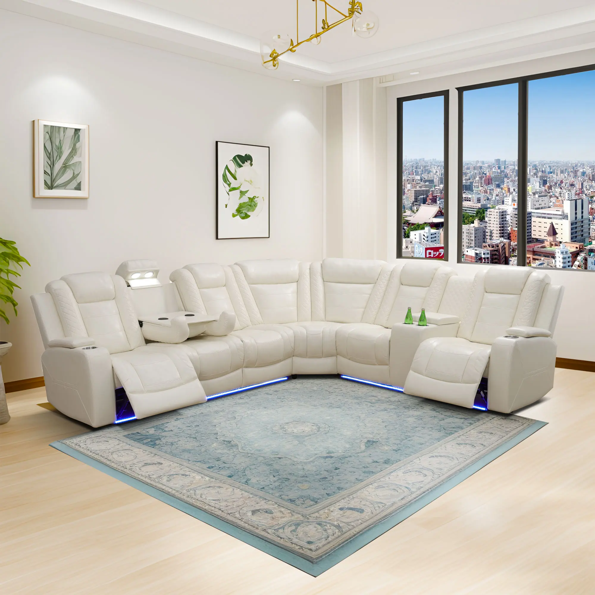 Summervibes 3-Piece Off-White Breathable Leather L-Shaped Sectional Recliner Sofa Set - Modern Living Room Furniture with Ambient LED Lighting, Practical Storage Console for Contemporary Decor Corner Sofa Set Boneless Sectional Sofa