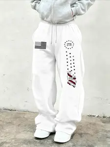Men's American 1776 Trendy Fashion Flag Print Straight Leg Casual Jogging Pants, Elastic Waist Drawstring Pockets, Durable Outdoor Sports Long Pants