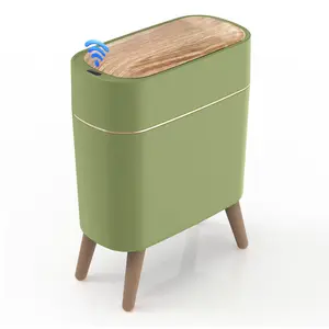 Pukomc Wooden Lid Plastic Smart Sensor Trash Can - Automatic Motion Sensor Organiser, 8x8x16.3" Trash Cans for Kitchen, Bathroom