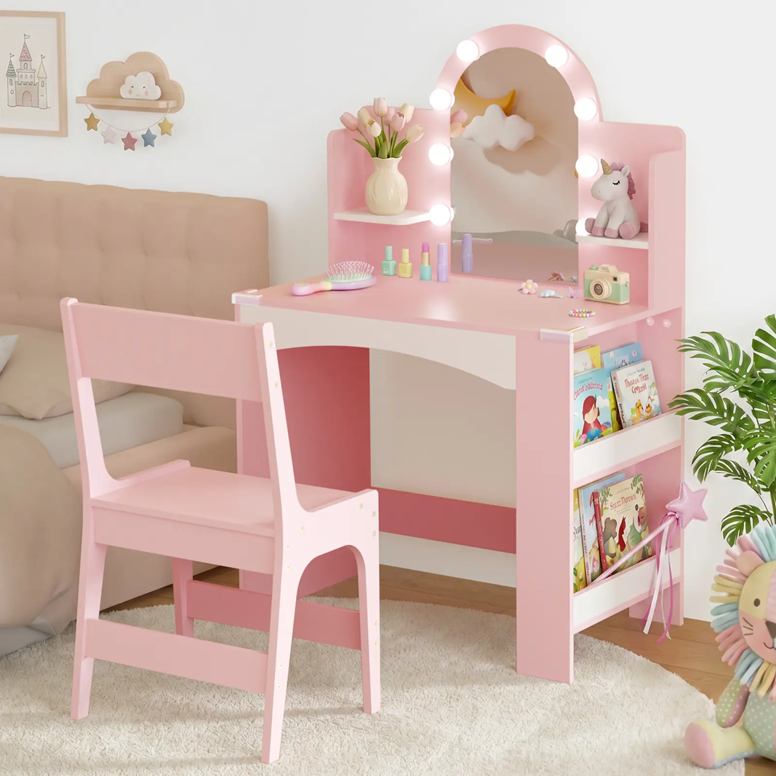 Kids Vanity with Lights, Princess Makeup Vanity Table and Chair Set for Girls, Toddler Vanity Desk with Open Bookshelf, Storage Cabinet & Shelves, Stools