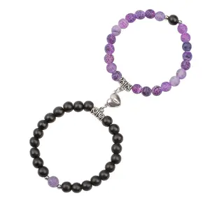 2Pcs Couple Necklace Bracelets Matching Heart Set for Women Men His and Hers Forever Couples Bracelets Natural Bead Stone Stretch Bracelet Romantic Love Heart Matching Valentines Gift