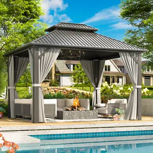 10x12ft Grey Hardtop Gazebo – Heavy-Duty Aluminum Frame with Double Galvanized Steel Roof, Waterproof & UV-Resistant for Patio, Garden & Lawn, Easy Assembly with Pre-Drilled Base, Patio Deck Roof Cover