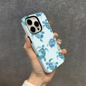 A stylish and minimalist blue double-layer protective case with a turtle design. Durable and sturdy, this 2-in-1 case is compatible with iPhone 17/16/15/14/13/12/11 Pro Max/Plus/Pro and Samsung Galaxy S25/S24/S23 Ultra series. Ideal for couples.