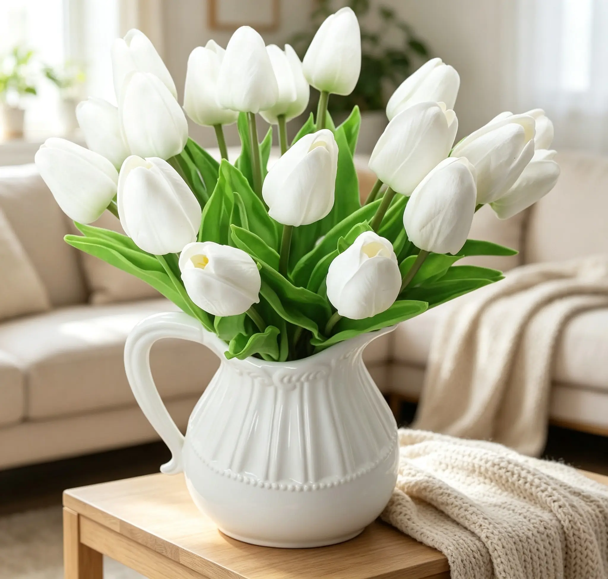 10Pcs White Fake Tulips, Real Touch PU Artificial Tulip Flowers, Faux Tulips for Spring Decor, Kitchen Island Dining Table Centerpieces, Wedding Bouquets, Party Table Decor, Home Indoor Floral Decorations