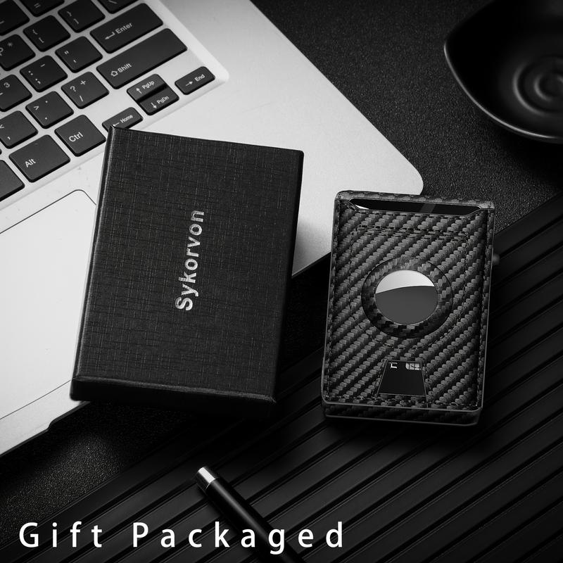 Men's Carbon Fiber RFID Blocking Bi-Fold Wallet With Pop-Up Aluminum Card Slot And AirTag Slot - Minimalist Black Credit Card Holder GIft For Daddy And Boy Friends On Christmas Day