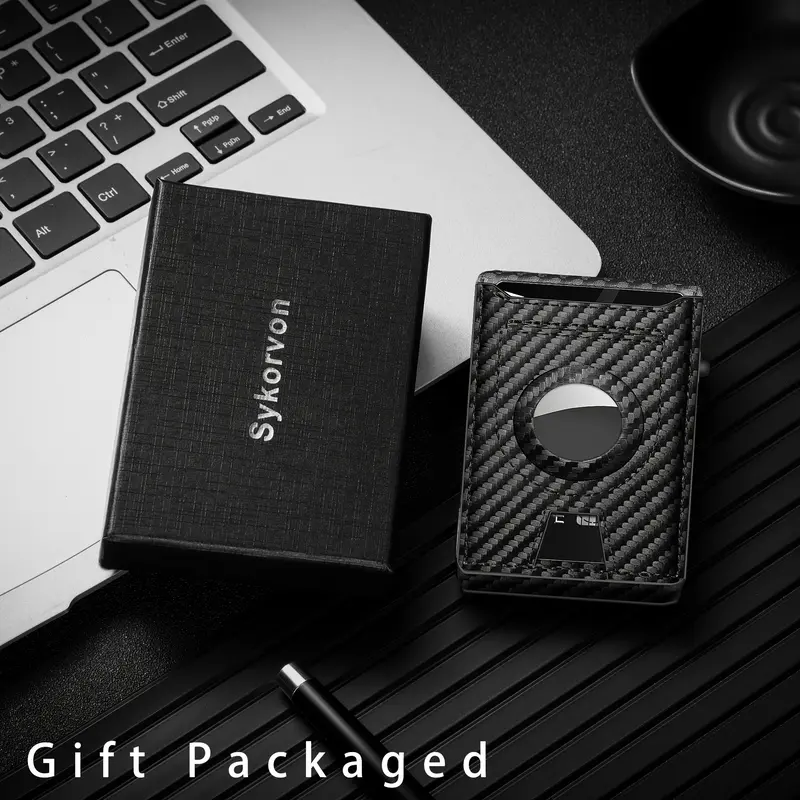 Men's Carbon Fiber RFID Blocking Bi-Fold Wallet With Pop-Up Aluminum Card Slot And AirTag Slot - Minimalist Black Credit Card Holder GIft For Daddy And Boy Friends On Christmas Day