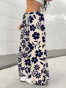 Trendy High-Waisted Drawstring Wide-Leg Pants, All-Season Loose-Fit Floral Print Trousers, Casual Fashion for Eye-Catching Street Style