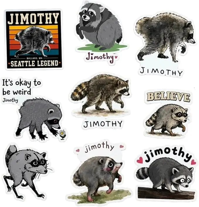 9pcs Jimothy the Raccoon Vinyl Sticker, Cute Waterproof Animal Decal for Water Bottle, Laptop & Journal