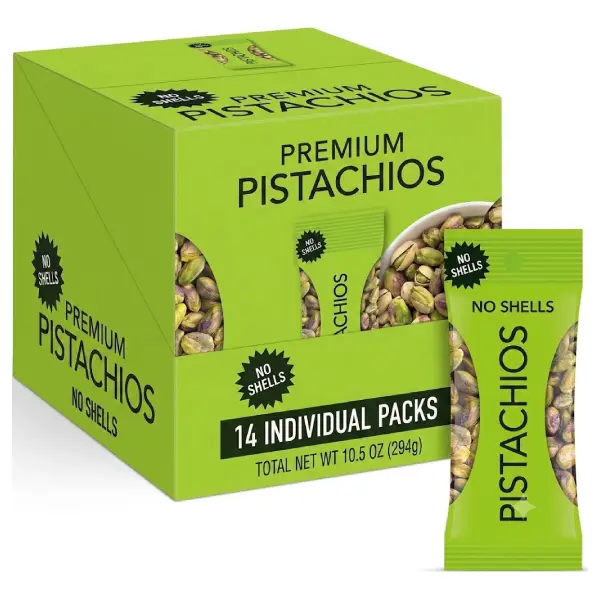 No Shell Roasted & Salted Pistachios Snack Pack, 14 x 0.75 oz Individual Bags, High Protein Vegan Nuts, Healthy On-the-Go Snack for Adults, Gluten Free, Ready to Eat