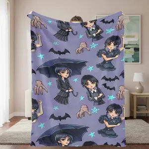 Wednesday Flannel Blanket， Gothic Cartoon Print， UltraSoft Cozy Warm， Lightweight and Durable， Suitable for Bedroom， Sofa， Travel， Halloween Gift， Home Decor， Birthday Present.