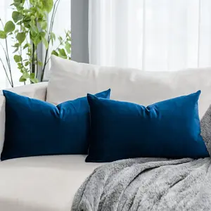 Navy Blue Decorative Lumbar Velvet Throw Pillow Covers 12x20 inch t of 2 with Zipper Luxury Soft Solid Rectangle Cushion Covers Ca for Sofa Couch Bed Living Room