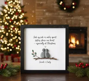 Long Distance Sister Christmas Gift | Pebble Art Frame with Sister Quote | "Miles Apart Share One Heart" Holiday Decor | Personalized Xmas