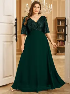 New Plus Size Women's V-Neck Sequin Short Sleeve Patchwork Chiffon Elegant A-Line Evening Party Dress, Stylish Formal Gown for Special Occasions