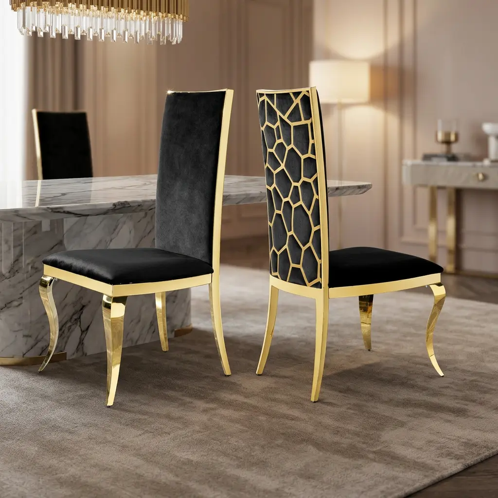 Set of 2 Modern Black Velvet Upholstered Seating, High Back Unique Contoured Backrest Design with Mirror Gold Stainless Steel Legs, Comfortable Luxury Indoor Furnishing, Easy to Install & Clean, Ideal for Kitchen, Dining Room and Office Decor