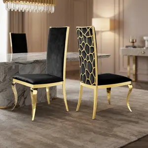Set of 2 Modern Black Velvet Upholstered Seating, High Back Unique Contoured Backrest Design with Mirror Gold Stainless Steel Legs, Comfortable Luxury Indoor Furnishing, Easy to Install & Clean, Ideal for Kitchen, Dining Room and Office Decor